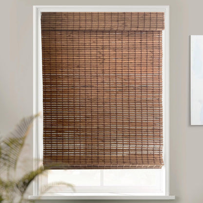 MOOD Custom Bamboo Shades | Rustic | Cordless Bamboo Roman Shades for Windows and Doors (Natural Woven) | Rustic Walnut (Great Privacy) | 52" W X 72" H