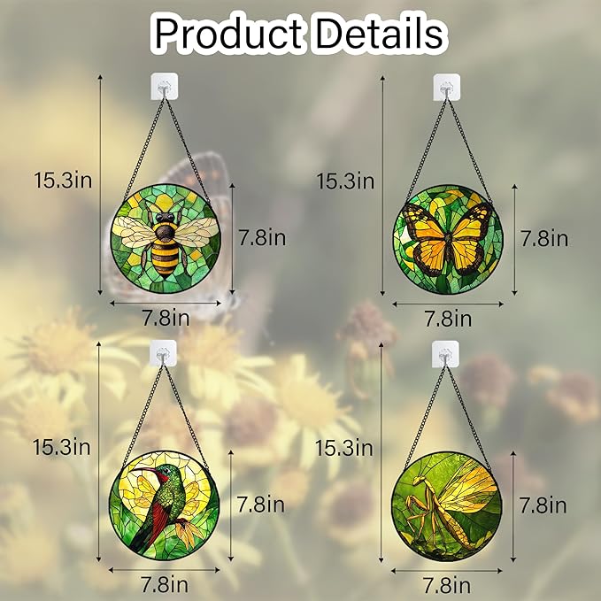 DASTOLL Stained Glass Window Hanging 4 Pcs Set Green Plants Yellow Insect Theme - Image 6