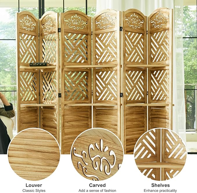 Svimi Room Divider with Shelves, 68.9inch Wood Carved and Louvered Wall Divider - Image 5