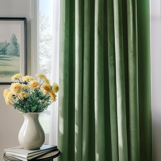 FMFUNCTEX Velvet Blackout Curtains Sage Green Thermal Insulated Curtains - Image 2