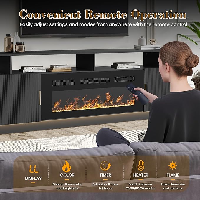 70” Fluted TV Stand with 36” Electric Fireplace, 2 Tier TV Console Cabinet with - Image 6