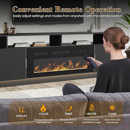 70” Fluted TV Stand with 36” Electric Fireplace, 2 Tier TV Console Cabinet with - Image 6