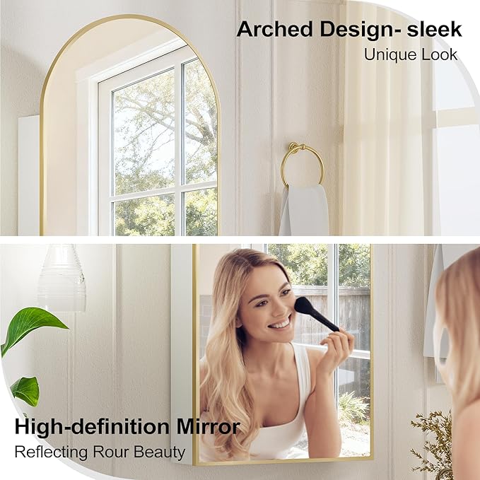 Arched Medicine Cabinet with Mirror, Brushed Gold Medicine Cabinet with Storage - Image 4