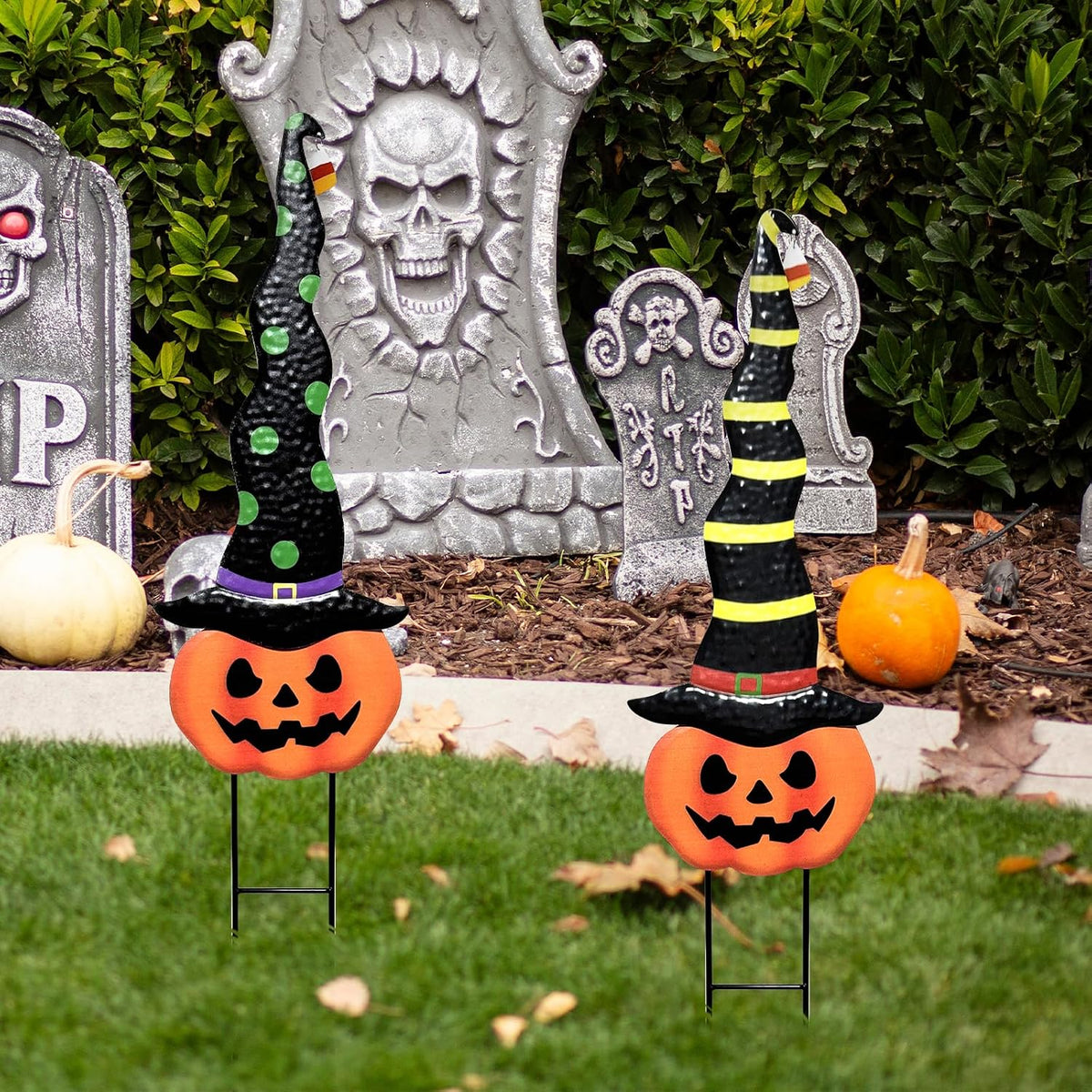 2 Pack Halloween/Thanksgiving Garden Decorations, Metal Jack-O-Lantern Yard S...