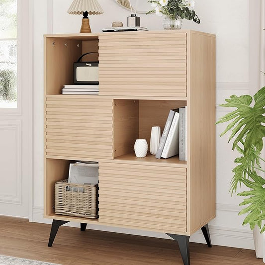 IDEALHOUSE Fluted Cabinet with Sliding Doors, Modern Wooden Storage Cabinet by IDEALHOUSE