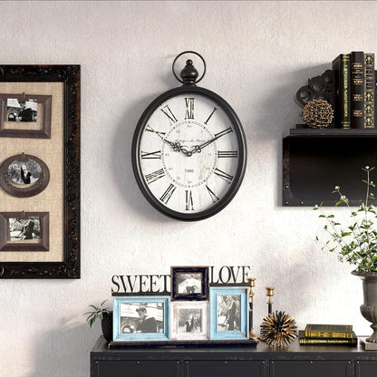 Menterry Large Oval Retro Wall Clock, Rustic Vintage Style, Antique Black | Battery Operated Silent Decor Wall Clocks for Living Room,Kitchen,Farmhouse,Office (15.5" H x 10.5" W)