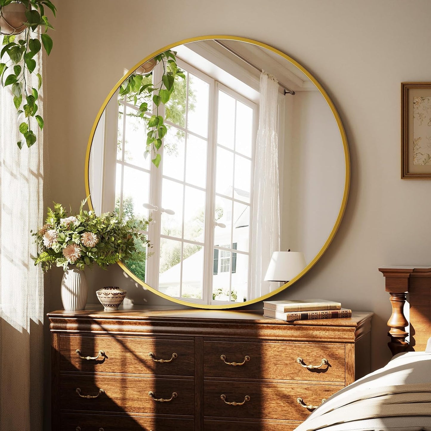 XRAMFY 40 Inch Round Mirror - Gold Circle Mirrors for Bathroom, Entryway | Modern Hanging Vanity Mirror, Aluminum Alloy Frame Matte Black Circle Decorative Wall Mirror for Living Room Wall Decor
