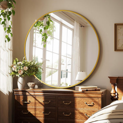 XRAMFY 40 Inch Round Mirror - Gold Circle Mirrors for Bathroom, Entryway | Modern Hanging Vanity Mirror, Aluminum Alloy Frame Matte Black Circle Decorative Wall Mirror for Living Room Wall Decor