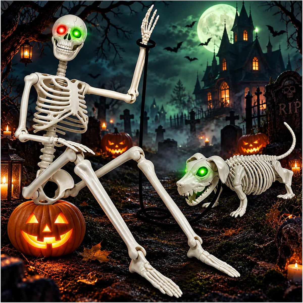 36'' Halloween Skeleton Decoration with Dog: Posable Skeleton Glowing...