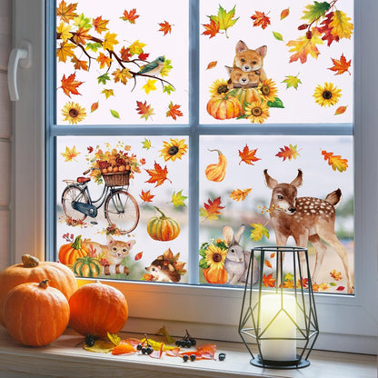 Fall Woodland Animals Window Clings, 9 Sheets 68 Pcs | Autumn Window Stickers Squirrel Fox Rabbit Decals for Fall Harvest Home Party Window Decorations
