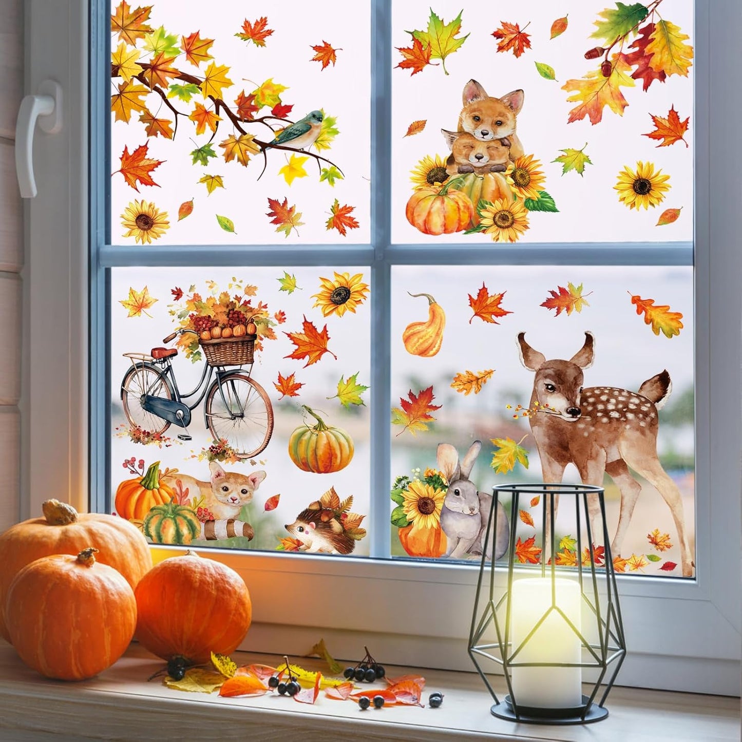 Fall Woodland Animals Window Clings, 9 Sheets 68 Pcs | Autumn Window Stickers Squirrel Fox Rabbit Decals for Fall Harvest Home Party Window Decorations