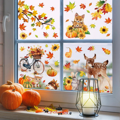 Fall Woodland Animals Window Clings, 9 Sheets 68 Pcs | Autumn Window Stickers Squirrel Fox Rabbit Decals for Fall Harvest Home Party Window Decorations