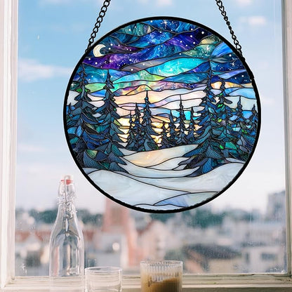 DASTOLL Stained Glass Window Hanging, Starry Sky Trees and Snow Sun Catchers - Image 4