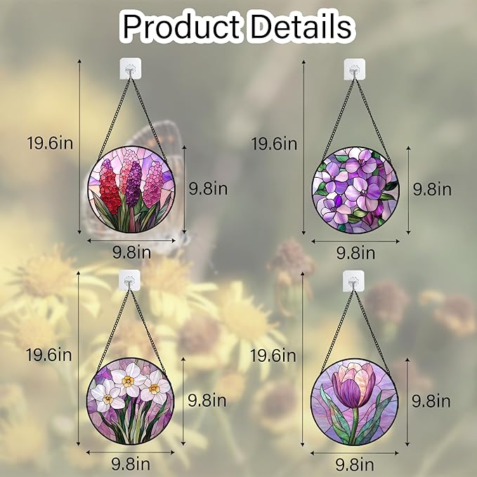 DASTOLL Stained Glass Window Hanging 4 Pcs Set Purple Flower Theme 9.8" - Image 6