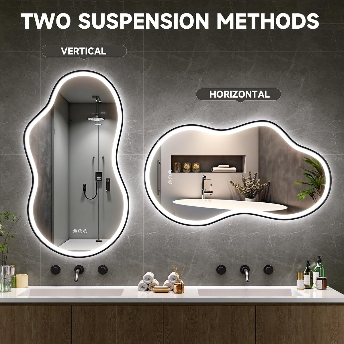 Hasipu Irregular Bathroom Mirror with Lights - 25"x45" LED Asymmetrical Wall Mirror, Abstract Modern Lighted Vanity Mirror for Wall, Anit-Fog, Dimmable, Memory, Vertical/Horizontal (Black | Asymmetrical Metal Framed, Anti-Fog, LED 3 Color Dimmable