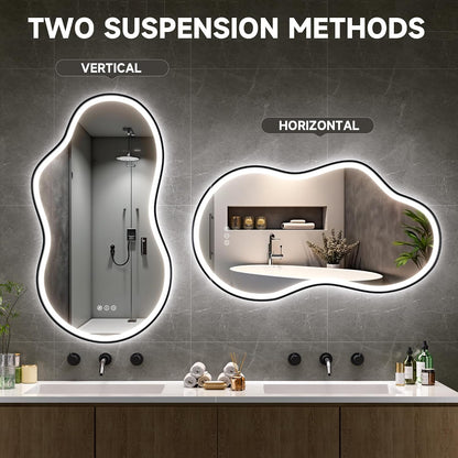 Hasipu Irregular Bathroom Mirror with Lights - 25"x45" LED Asymmetrical Wall Mirror, Abstract Modern Lighted Vanity Mirror for Wall, Anit-Fog, Dimmable, Memory, Vertical/Horizontal (Black | Asymmetrical Metal Framed, Anti-Fog, LED 3 Color Dimmable