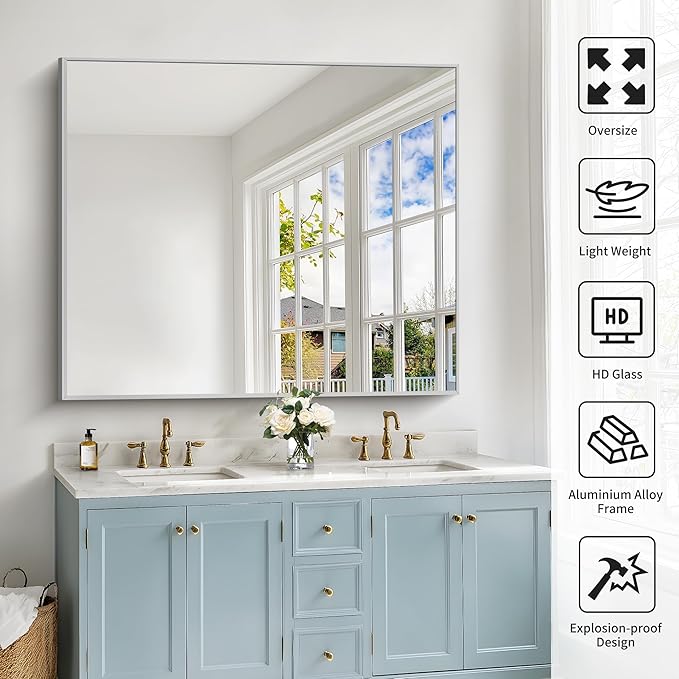 40x48inch Silver Bathroom Mirror, Large Rectangular Wall Mirrors - Image 5