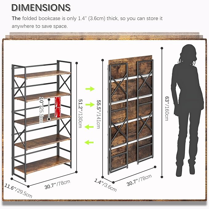 4NM Extra Wide 5 Tiers No Assembly Book Shelves, 51.2" H Folding Bookshelf - Image 2