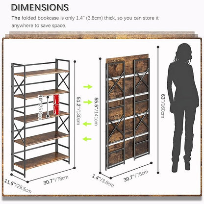 4NM Extra Wide 5 Tiers No Assembly Book Shelves, 51.2" H Folding Bookshelf - Image 2