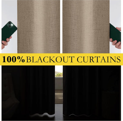 NICETOWN 100% Blackout Burlap Linen Curtains 90 inches Length with Thermal Insulated Liners for Bedroom, 2 Panels, 52" W, Room Cooling Noise Reducing Window Treatment Drapes for Living Room