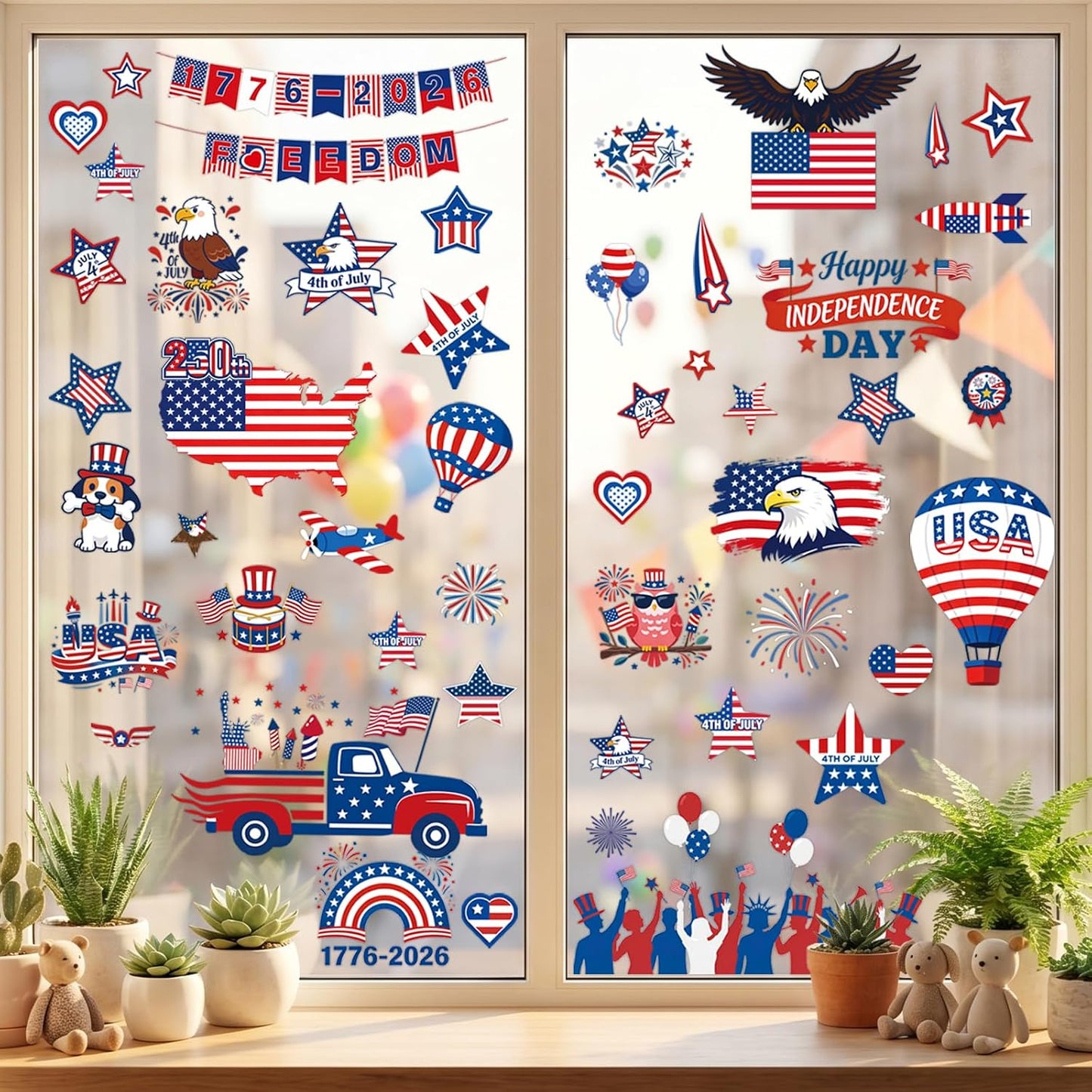 112Pcs 9 Sheets 4th of July Independence Day Window Clings | Reusable Static Stickers for USA 250th Anniversary, American Flag, Eagle, Stars Perfect for Home, Glass, Party Decor