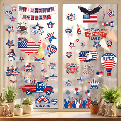 112Pcs 9 Sheets 4th of July Independence Day Window Clings | Reusable Static Stickers for USA 250th Anniversary, American Flag, Eagle, Stars Perfect for Home, Glass, Party Decor