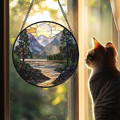 AMDERVEN Stained Glass Window Hanging, Sunset Mountains Lake Tree Sun Catcher - Image 2
