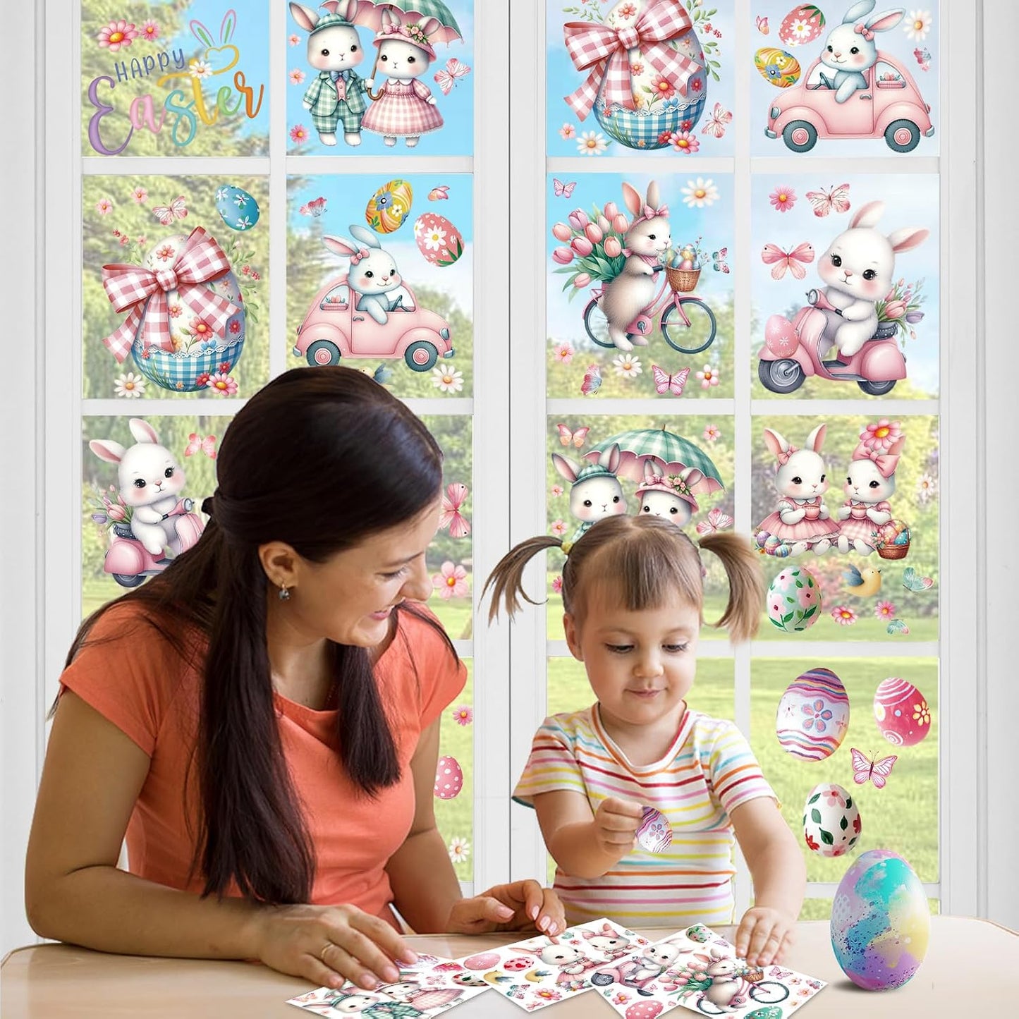 Summer Window Clings,Pink Large Easter Painting Bunnies Stickers,Spring Tulips Reusable Holiday Window Sticker for Kids,Wall Decals Decorations for Home School Office Nursery Shop,9 Sheets