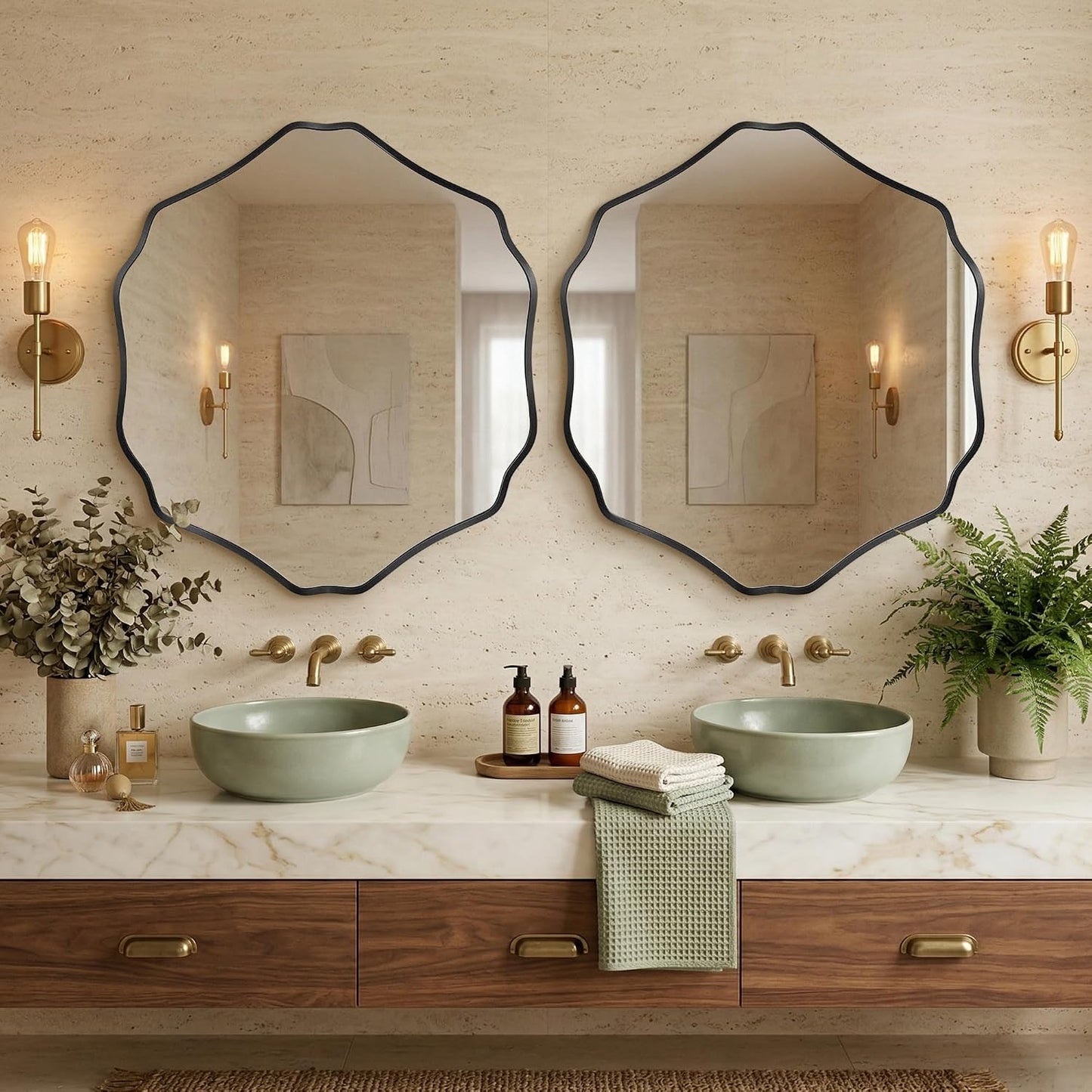 Irregular Hexagon Wall Mirror with Wavy Edge, Modern Decorative Mirror for Bathroom, Bedroom, Living Room, Frameless Vanity Mirror