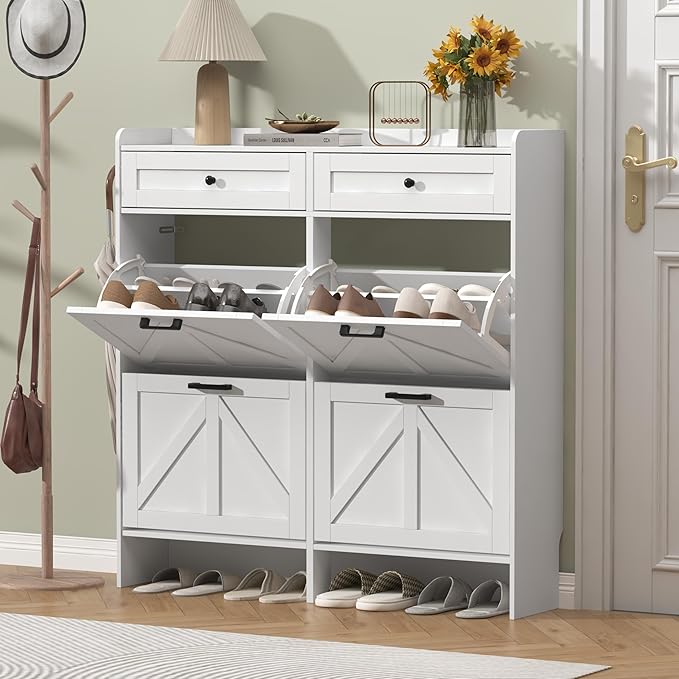 Shoe Cabinet with 4 Flip Drawers & 2 Storage Drawers, Rustic Farmhouse Narrow - Image 3