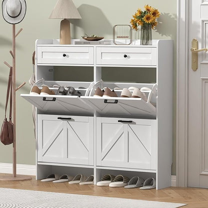 Shoe Cabinet with 4 Flip Drawers & 2 Storage Drawers, Rustic Farmhouse Narrow - Image 3