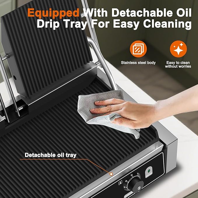 Commercial Dual Head Panini Grill, 3400W Electric Sandwich Panini Maker - Image 7