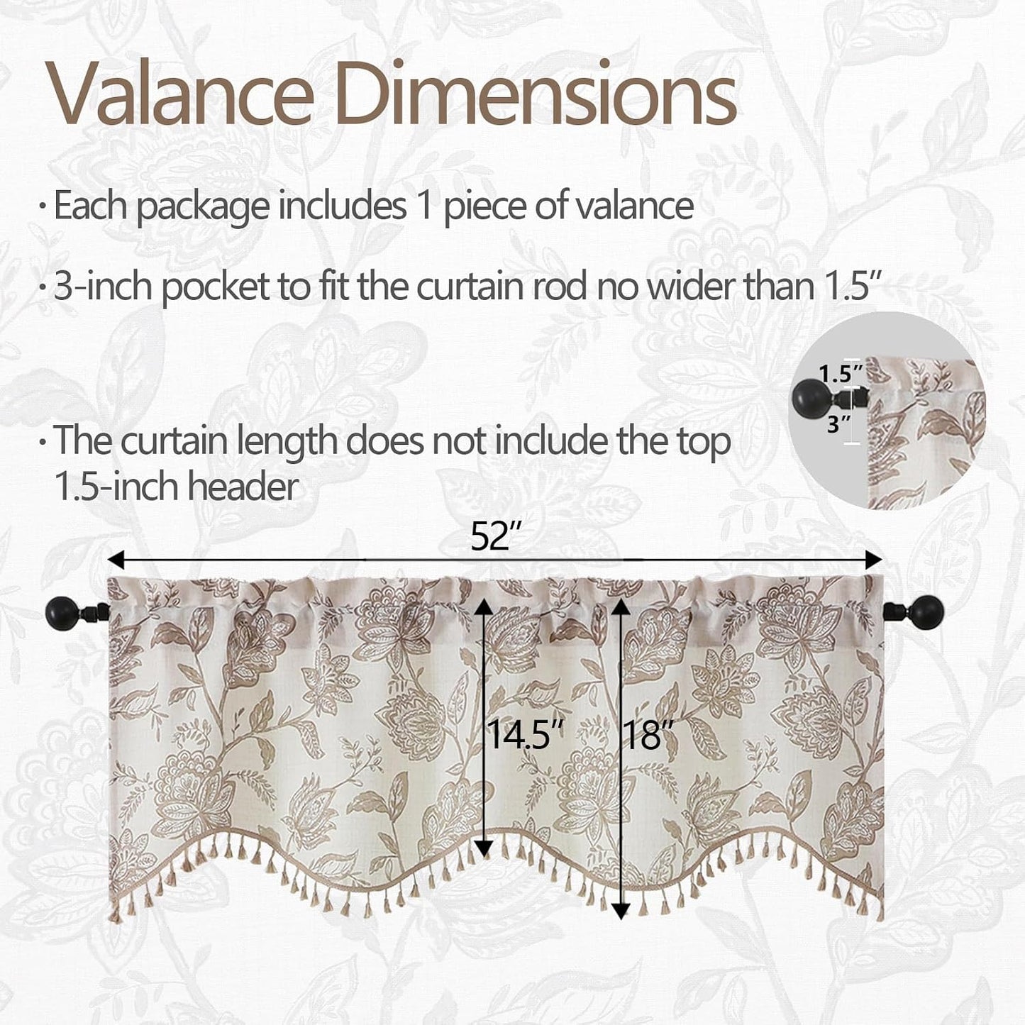 Scalloped Valance for Windows - Faux Linen Textured Short Kitchen Valance with Tassels, Farmhouse Floral Printed Small Window Curtains for Bathroom Basement RV, 1 Piece, 52Wx18L Inches, Taupe