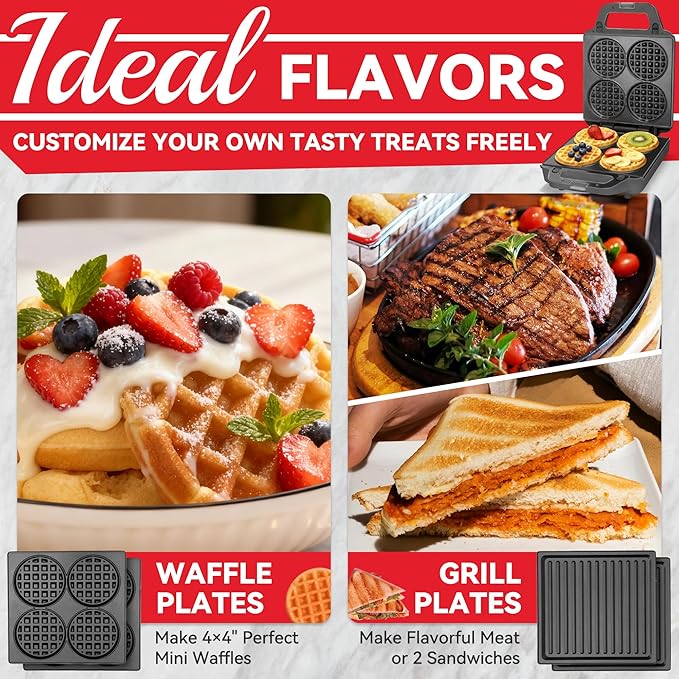 2 in 1 Mini Waffle Maker with Removable Plates, Panini Press Sandwich Maker - Image 4