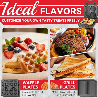 2 in 1 Mini Waffle Maker with Removable Plates, Panini Press Sandwich Maker - Image 4