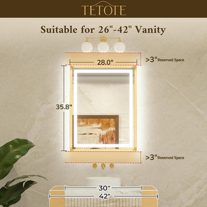 28 x 36 Bathroom LED Mirror Brushed Nickel Metal Frame Frontlit & Backlit Vanity Mirror Anti-Fog Stepless Dimmable 3 Colors White/Warm/Natural Mirror with Lights Wall-Mounted