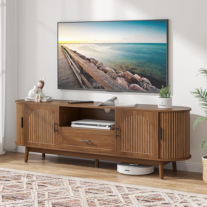 Mxtxmy 70" Fluted TV Stand for Tvs up to 80", Mid-Century Modern Entertainment by Mxtxmy