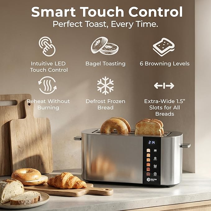 Toaster 4 Slice Wide Slot, Bagel Function, Long Slot, Stainless Steel, Touch - Image 2