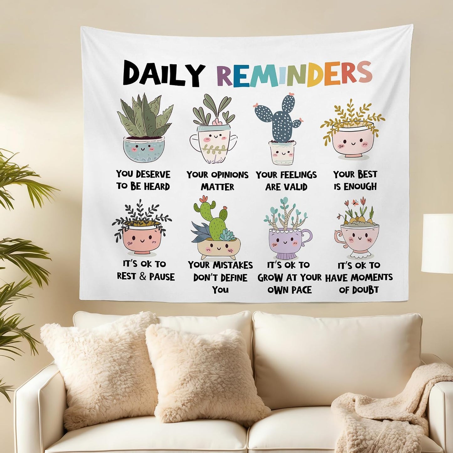 MNOSAIOO Mental Health Floral Wall Tapestry Hanging for Classroom Kids, Daily Reminders Tapestry, Inspirational Cute Cacti Tapestries Wall Decor for Bedroom Therapy Office School Counselor 60x50 inch