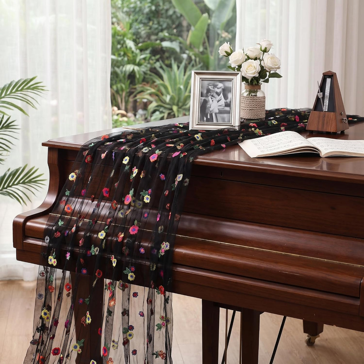 Black Embroidered Floral Daisy Tulle Table Runner Halloween 10FT 6 Pack