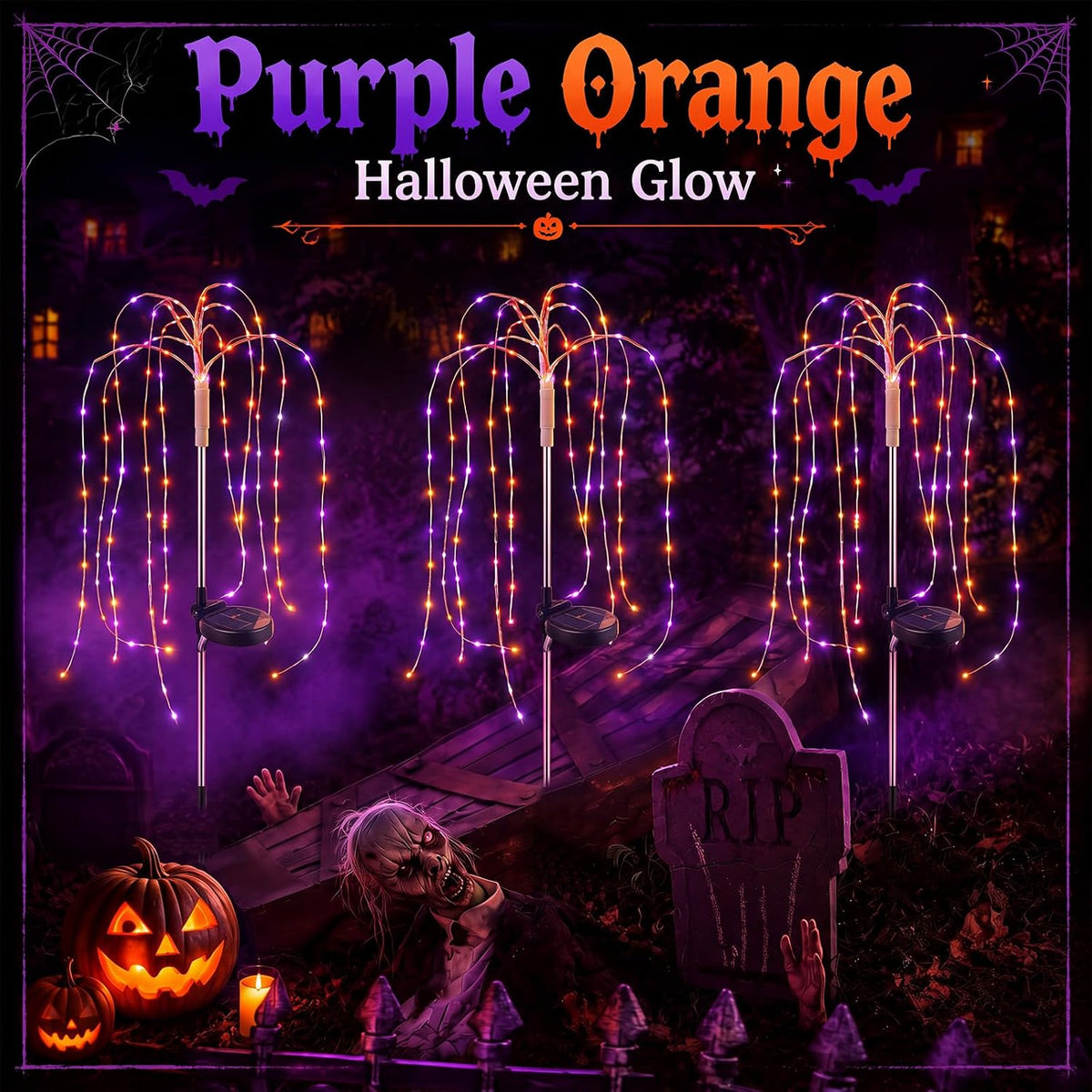 Tujoe 3 Pcs Halloween Solar Willow Lights Firework Light, Purple Orange