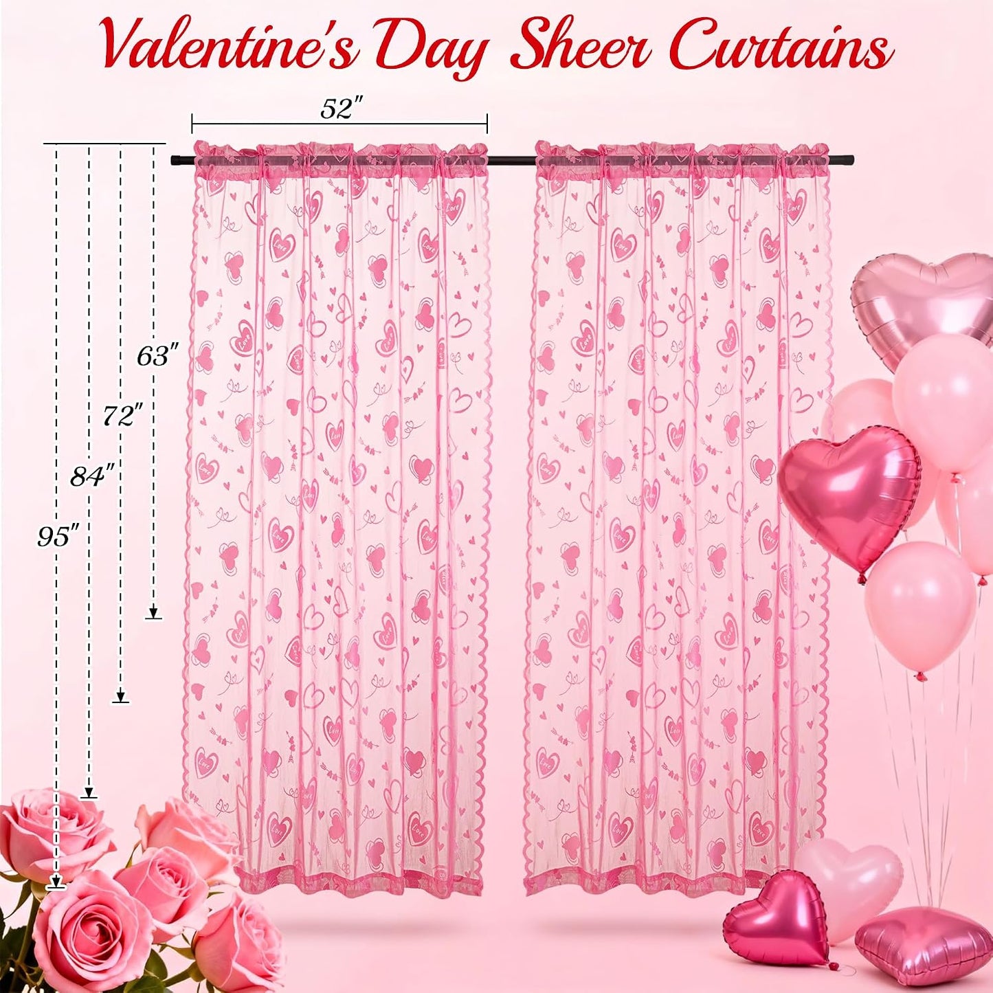 Valentine's Day Lace Curtains 63 Inch Length for Living Room Pink | Holiday Decoration Love Heart Embroidery Weave Sheer Curtains, Rod Pocket Country Rustic Drapes 54 x 63 Inch 2 Panels
