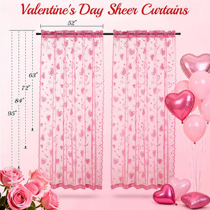 Valentine's Day Lace Curtains 63 Inch Length for Living Room Pink | Holiday Decoration Love Heart Embroidery Weave Sheer Curtains, Rod Pocket Country Rustic Drapes 54 x 63 Inch 2 Panels