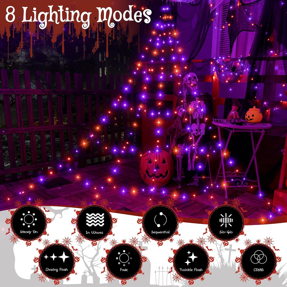 Ollny Halloween Lights Outdoor 454 LED Spider Web Lights Orange & Purple