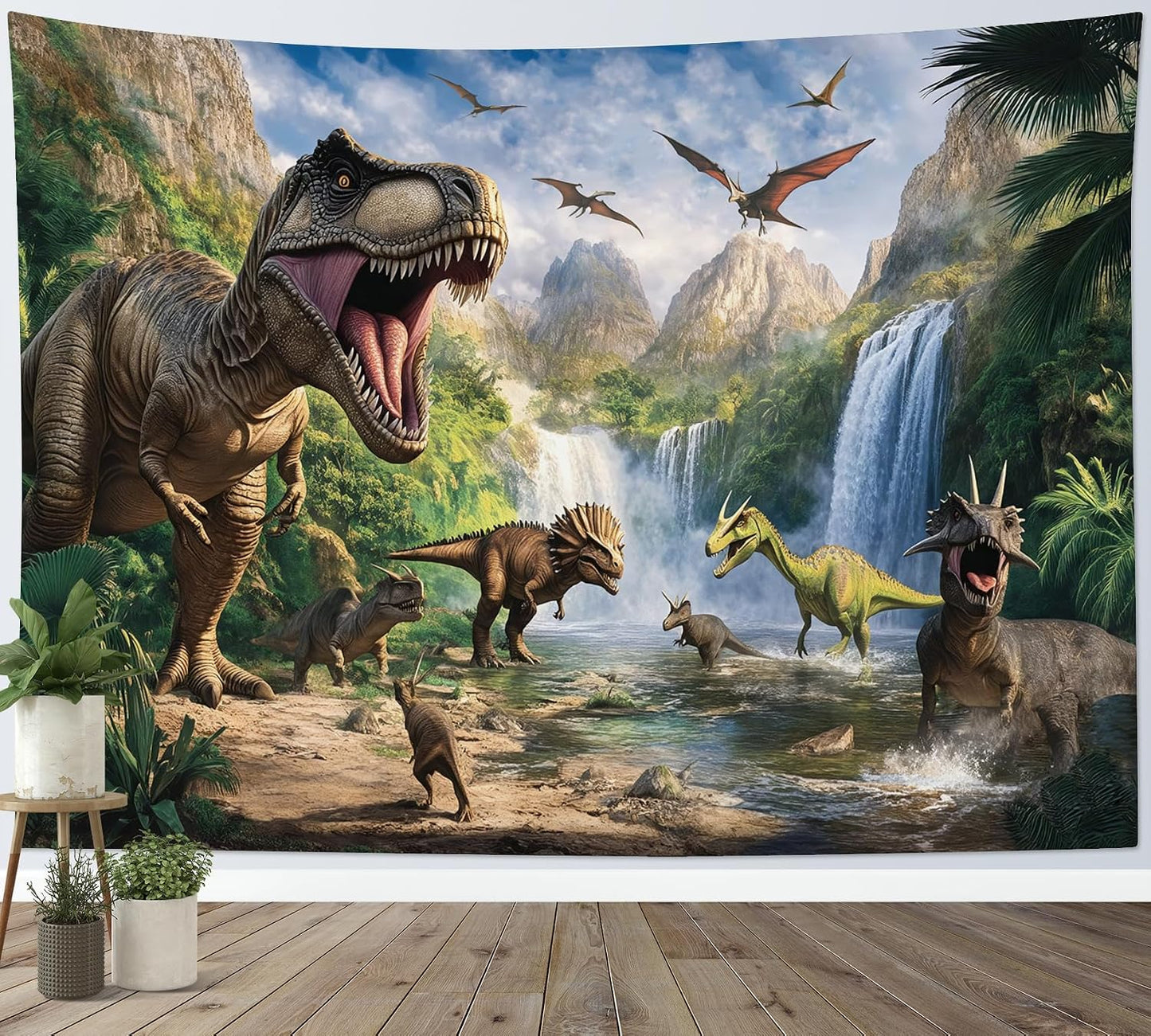 HVEST Dinosaur Tapestry Wall Hanging Wild Animal Dinosaur in Green Forest Wall Art Mountain Waterfall Nature Landscape Tapestry for Bedroom Living Room Teen Dorm Party Wall Decor, 40L X 60W inches