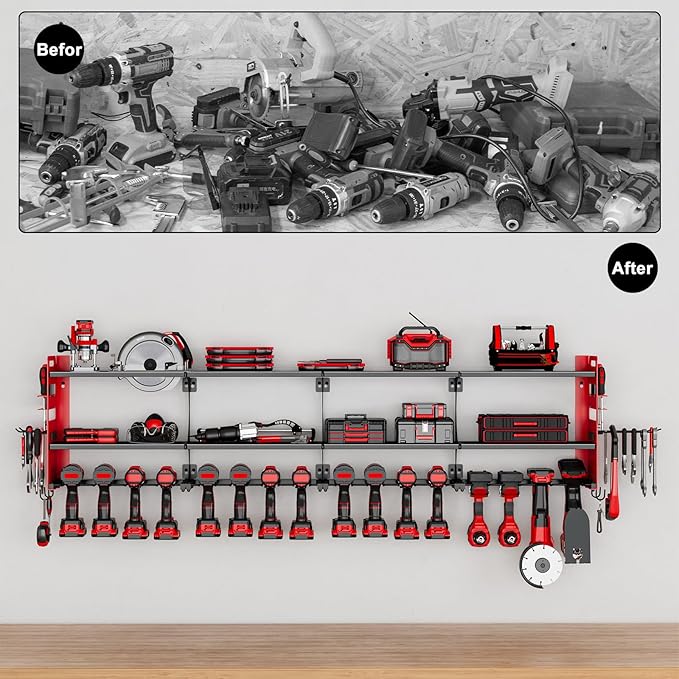 64" Power Tool Organizer Wall Mount, 16 Slots, 3-Tier Drill & Cordless Tool - Image 4