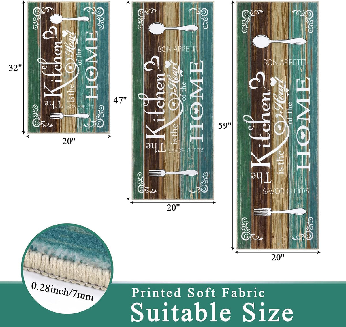 Vaukki Boho Kitchen Rug Sets 3 Piece,Teal Washable Kitchen Mat for Floor