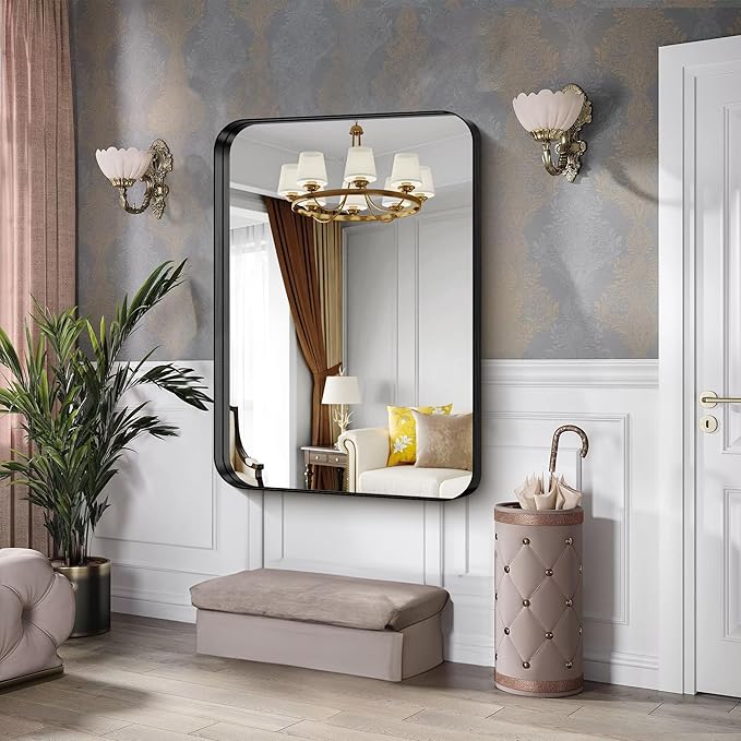 CIRCUMI Black Bathroom Mirror, Rounded Corner, Tempered Glass, Large Mirror - Image 5
