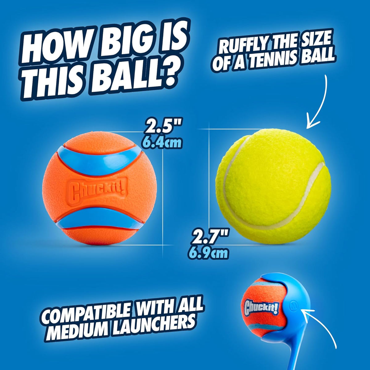 chuckit! ultra ball and launcher bundle, classic 26m, close-up detail