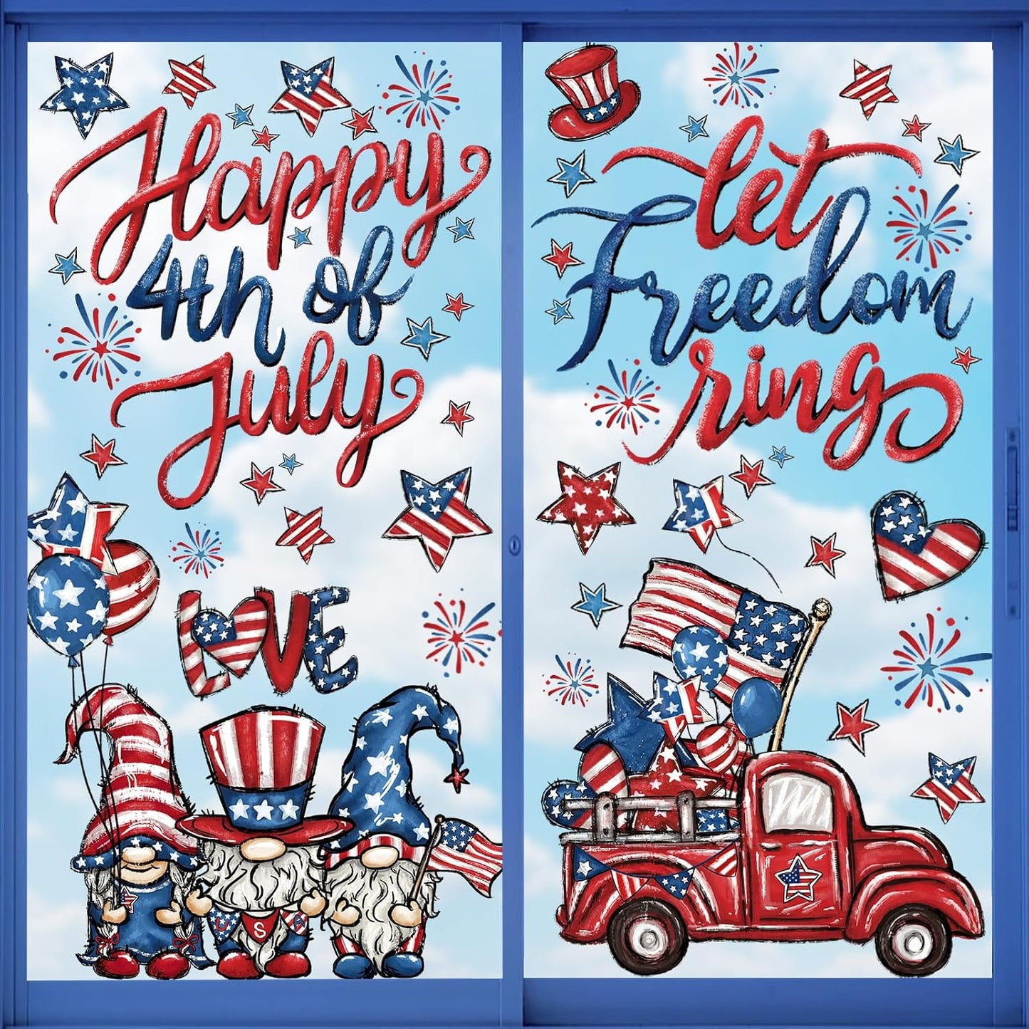 DIYDEC 6 Sheets Patriotic Window Clings Happy 4th of July Window Stickers Gnome Truck American Flags Stars Firework Decals Double-Sided for Independence Day Home Party Decoration